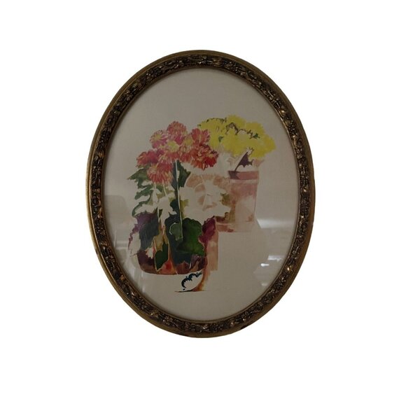 Vintage Oval Floral Watercolor Flower Pots on Steps In Ornate Gold Frame - Picture 3 of 12